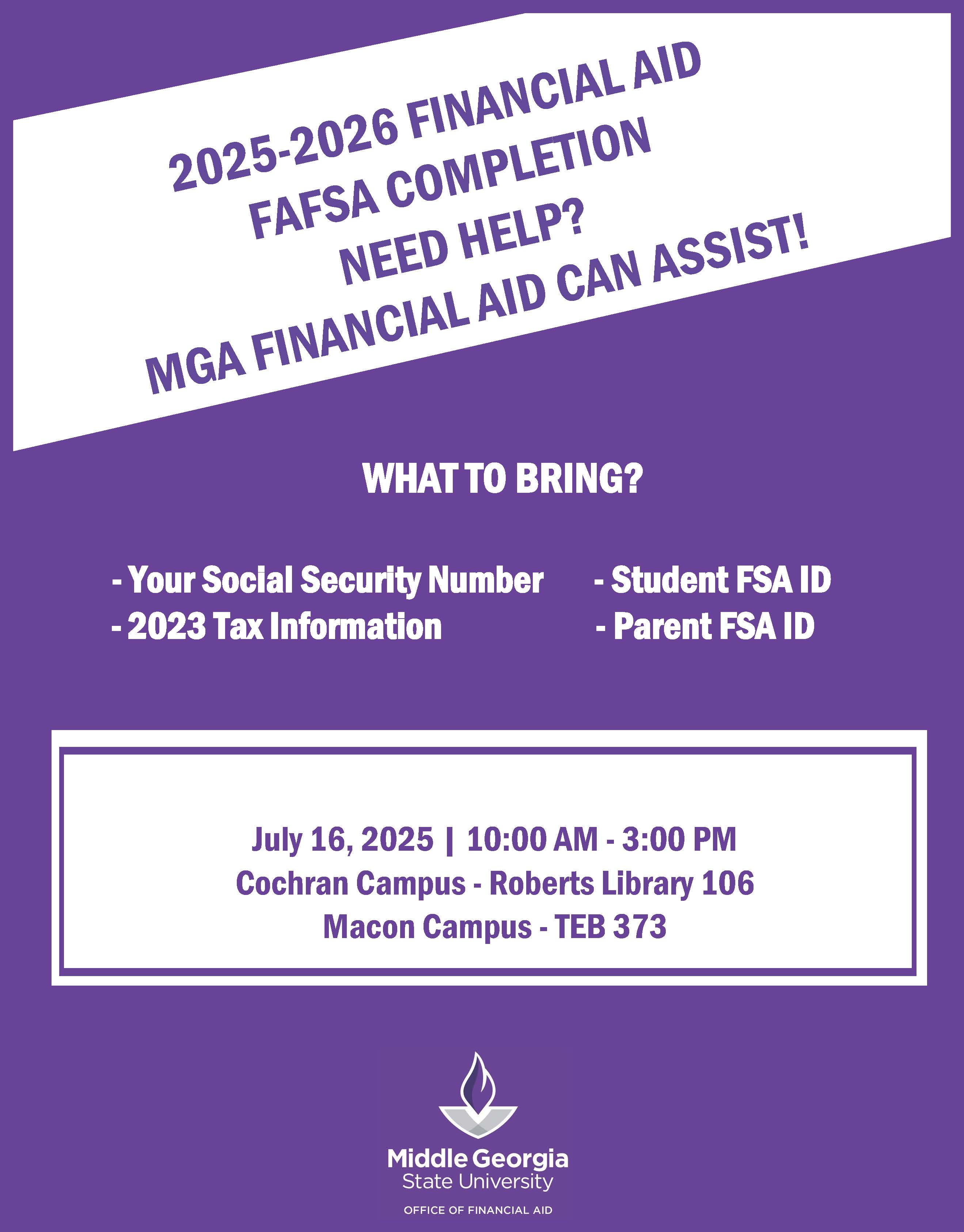 Need help completing your 2025-2026 FAFSA? MGA's Office of Financial Aid is here to help!  Join them at this drop-in-style event on Wednesday, July 16.